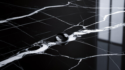 A high-resolution photograph of black marble with dramatic white veining patterns.