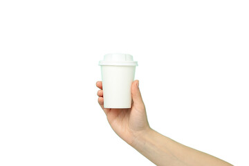 Hand presenting a plain white takeout coffee cup, isolated on white, PNG
