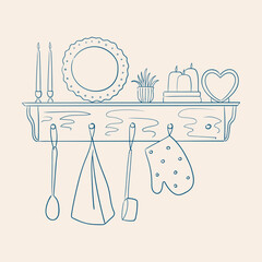Hand drawn illustration of kitchen shelf with decorative plate, plant, candles, towel and potholder. Cottagecore whimsical drawing of country home decor. Minimal line art. Vector graphic