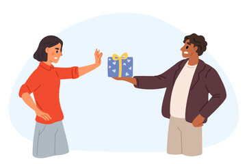 Woman gestures with her hand to refuse offered gift from man. Stop expression. Couple disagreement. Denial present. Guy giving holiday surprise box. Stop expression. Vector concept