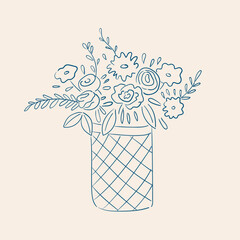 Whimsical line art illustration of wildflowers bouquet in a glass vase. Doodle flowers drawing. Minimal sketch design. Vector graphic