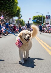 Golden Labrador Dog wear patriotic red white and blue bandana on 4th July parade street