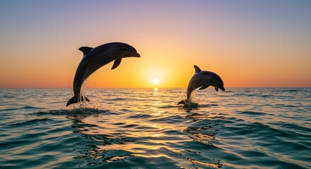 Fototapeta premium Two Dolphins Jumping at Sunset