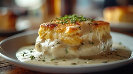 Delicious creamy scalloped potatoes with fresh herbs.