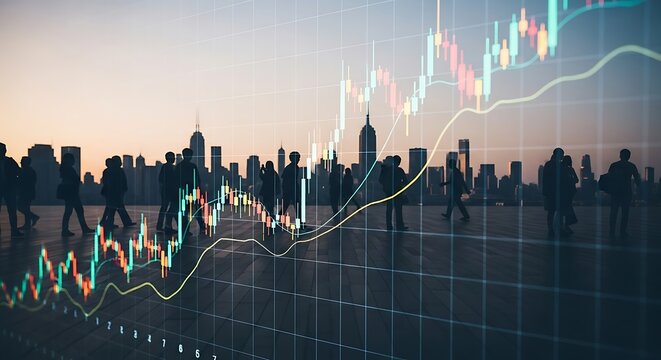 Silhouettes of people walking with rising financial graph overlaid on cityscape backdrop