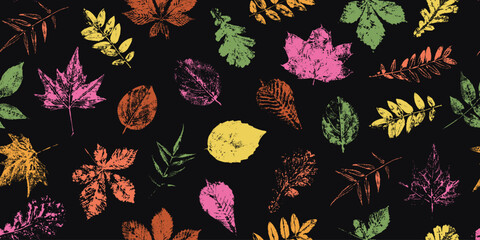 Autumn colorful leaves. Grunge stamp design. Rough texture leaves. Seamless pattern. Endless background, wallpaper.
