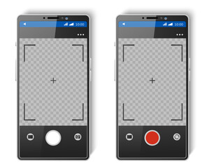 Smartphone screen with photo creation or video shooting. Camera buttons or focus grid. Transparent background. Realistic phone display. Mobile interface. Vector photography frames set