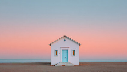 Coastal architecture stands under the summer sky: a house or old church on the sandy beach, its roof silhouetted against the blue sea at sunset