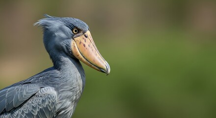 Striking Portrait of a Shoebill Stork in Profile with Soft Green Bokeh Background