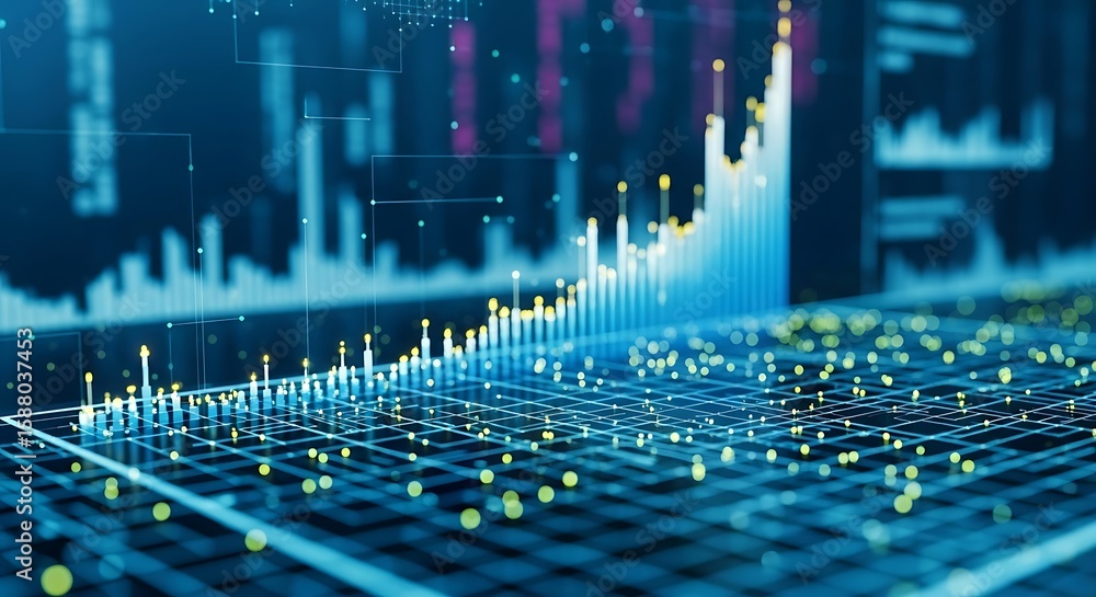 Poster abstract data visualization with rising blue and yellow graphs