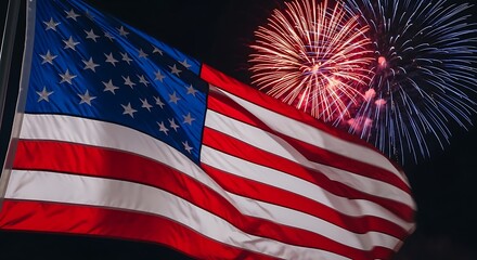 American Flag Waving with Fireworks Display Against a Black Sky