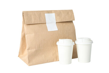 Brown bag with 2 coffee cups to go, isolated on white, PNG