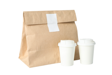 Brown bag with 2 coffee cups to go, isolated on white, PNG