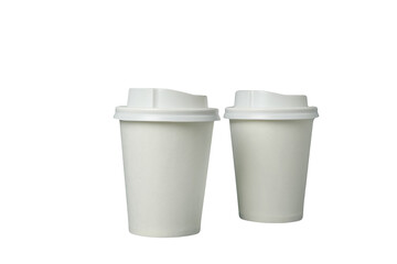 Two identical white cups ready for hot beverages, isolated on white, PNG