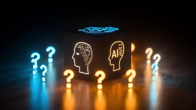 AI and Technology Concept Presented with Glowing Cube and Question Marks