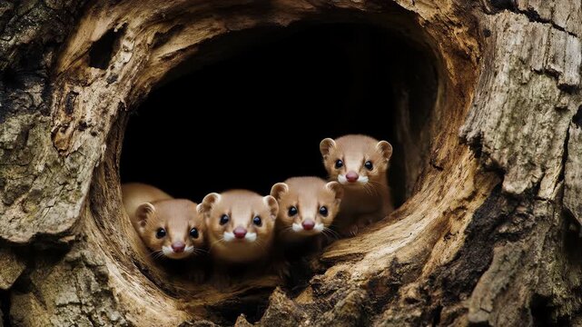 A charming scene showcases a family of weasels peering out from their cozy den in a tree, their adorable faces a testament to the wonders of nature.
