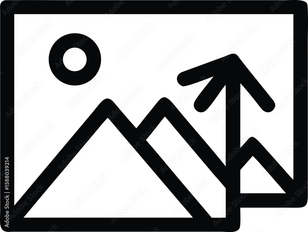 Poster bold black outline icon of a photo frame with a subtle decorative element isolated on transparent ba