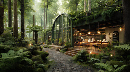 Cafe with a natural tree and wood theme, providing a natural sensation
