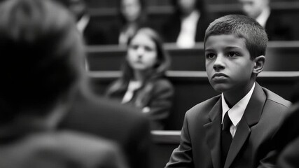 Young boy attentively listens during a courtroom session filled with a visible audience in formal attire