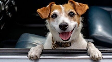 Happy small dog leaning out of car window with front paws on door edge, tongue out, wearing collar and leash, showing joyful expression during relaxed outing, bonding with owner on sunny day
