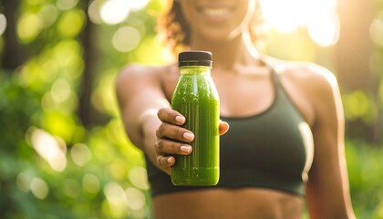 Woman offering a green smoothie bottle outdoors