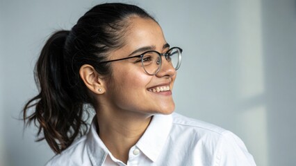 Smiling young woman with glasses and ponytail wearing a white shirt