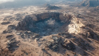 Aerial view of a large crater in a desert landscape