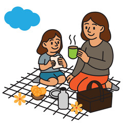 A cheerful mother and daughter enjoying a picnic together outdoors. Sitting on a mat with food and drinks, they share quality time and bonding. Ideal for family, leisure, and parenting concepts.