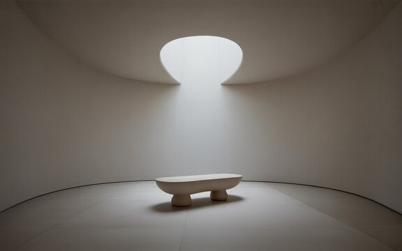 Minimalist interior with organic bench under a keyhole skylight, bathed in soft light