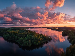 Panoramic sunset over a tranquil lake, with islands and reflections