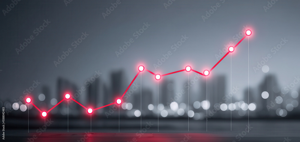 Aufkleber rising red line graph with glowing points over blurred cityscape background showing finance economic