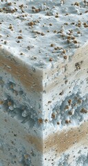 Close-up of a layered, light-gray cube with tan-colored inclusions