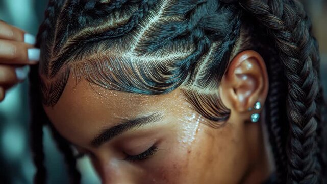 Braiding hair with intricate patterns showcases traditional style in a close-up view of a young girl
