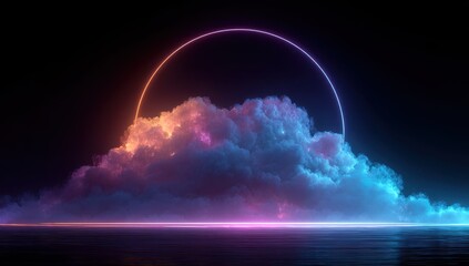 Neon ring framing a massive cloud over a body of water