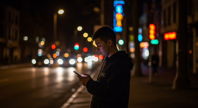 Connected at Night: A solitary figure, engrossed in his device, illuminates a quiet night street. The glow of the phone complements the soft city lights. - Powered by Adobe