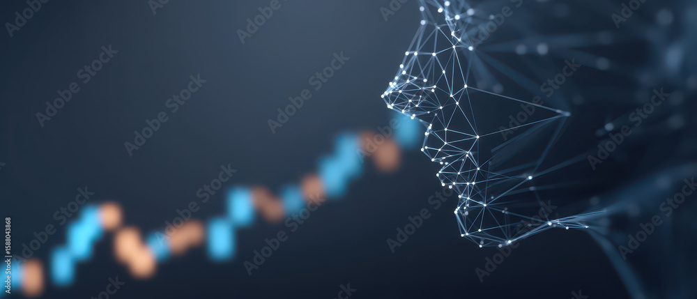 Poster ai technology concept with digital human face and finance economic data graph showing growth and con