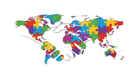 Obraz premium A colorful puzzle world map shows global partnership and cooperation