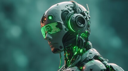 Futuristic AI robot with holographic UI in metallic silver and neon green, cyberpunk aesthetic