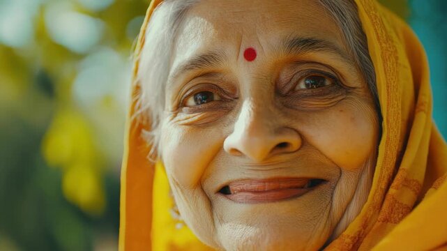 Indian elderly woman with headwrap and red mark on forehead, showing teeth in smile.