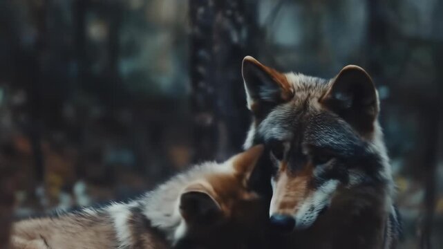 Two timber wolves display affection in the wild, gently interacting in a moment that highlights the social connection and natural behavior of wildlife.