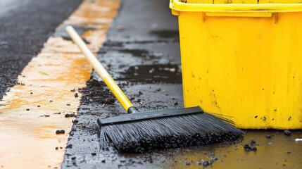 A bright yellow waste container contrasts with a black broom resting on a wet asphalt surface, conveying street maintenance and cleanliness during a somber or overcast day