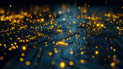 Glowing circuit board with floating particles in dark blue and electric yellow, digital abstract tech art