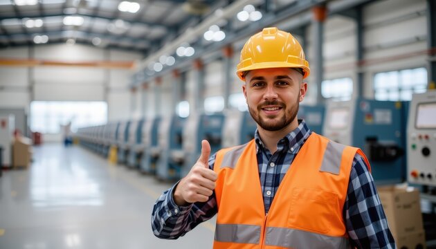 a male factory worker wearing an orange reflective vest and hard hat giving a thumbs up inside a bri