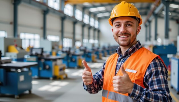a male factory worker wearing an orange reflective vest and hard hat giving a thumbs up inside a bri
