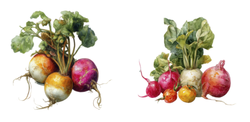 Colorful radishes and turnips fresh produce transparent background artistic portrait nature vibrant display