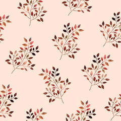 Branches with leaves, colorful silhouette pattern on light pink background. Print for wall paper, wrapping paper, cosmetic packing, women's wear.