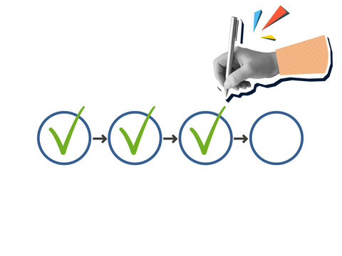 A black and white hand writes green ticks in a process scheme. Task progress report concept.  Modern photo collage style. Illustration on transparent background