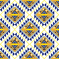 Blue and yellow tribal vector ornament. African pattern. Ethnic carpet with chevrons. Aztec style. Geometric mosaic on the tile, majolica. Ancient interior. Geo print on textile. Kente Cloth.