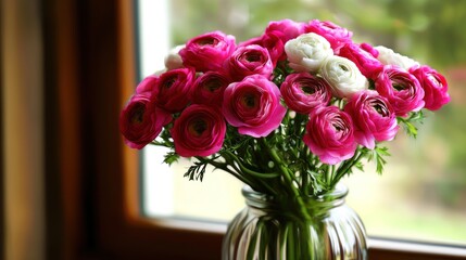 A vibrant bouquet of pink and white ranunculus flowers in a glass vase by a sunny window