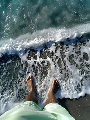 Vista POV de pies en orilla de la playa